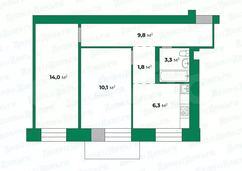 2-к. квартира, 45,5 м, 4/5 эт. - Фото 0