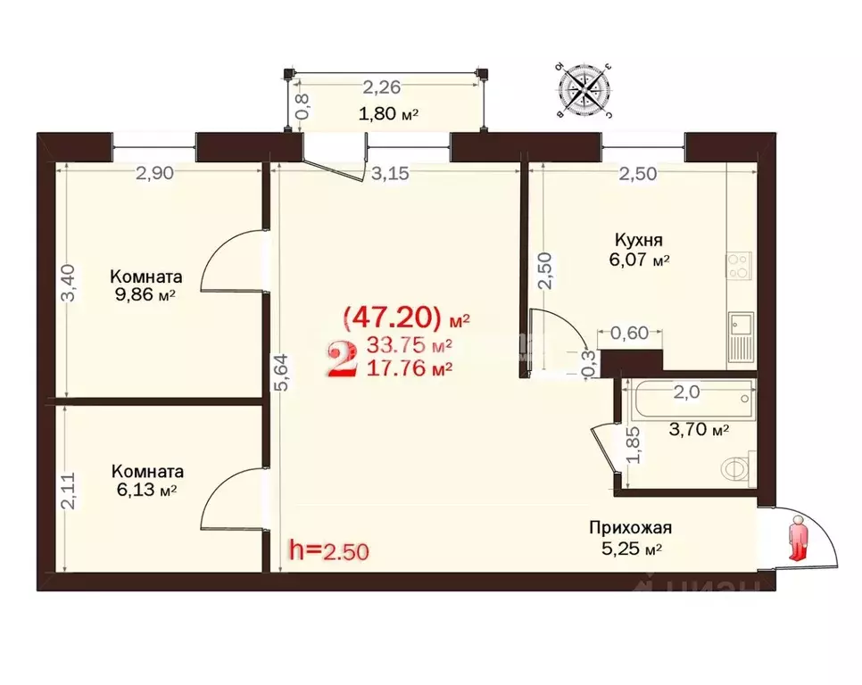 2-к кв. Брянская область, Брянск ул. Димитрова, 41 (45.5 м) - Фото 2