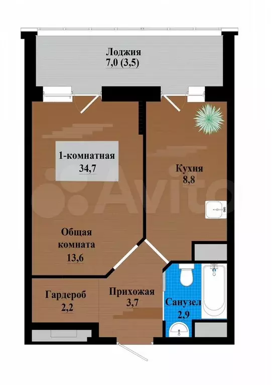 1-к. квартира, 34,7 м, 9/12 эт. - Фото 0