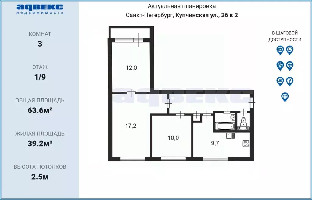 3-к кв. Санкт-Петербург Купчинская ул., 26К2 (63.6 м) - Фото 2