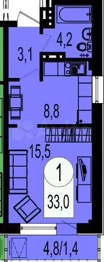 1-к. квартира, 31,5 м, 14/18 эт. - Фото 0