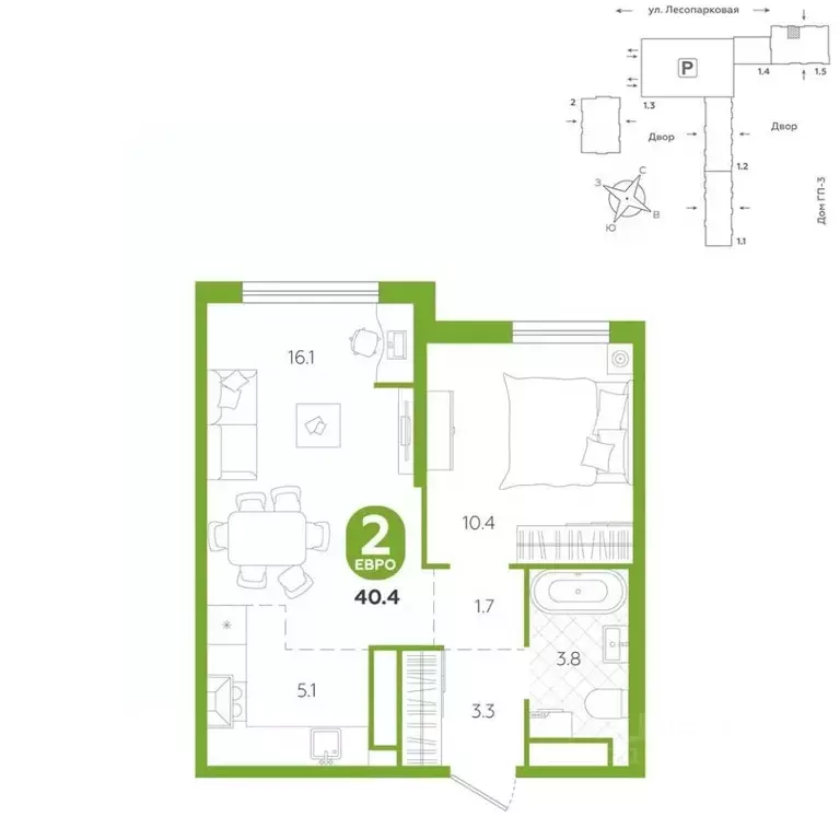 2-к кв. Тюменская область, Тюмень ул. Лесопарковая, 22 (40.4 м) - Фото 1
