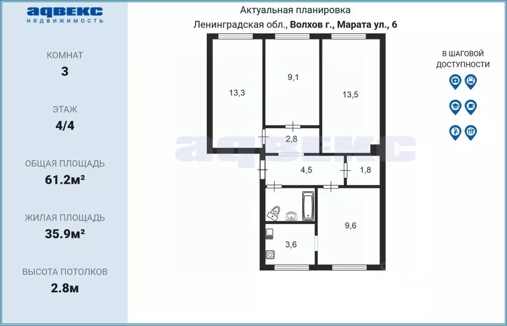 3-к кв. Ленинградская область, Волхов ул. Марата, 6 (61.2 м) - Фото 2