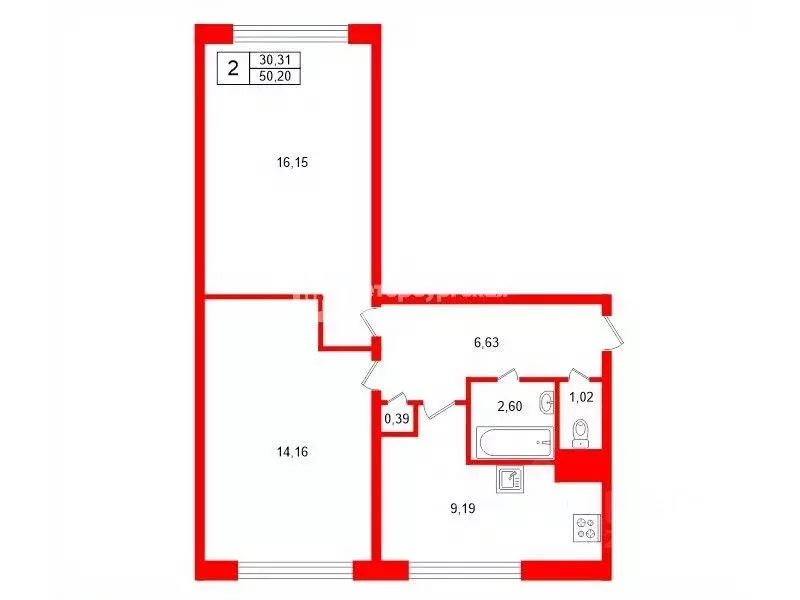 2-к кв. Санкт-Петербург ул. Подвойского, 24к1У (50.2 м) - Фото 2