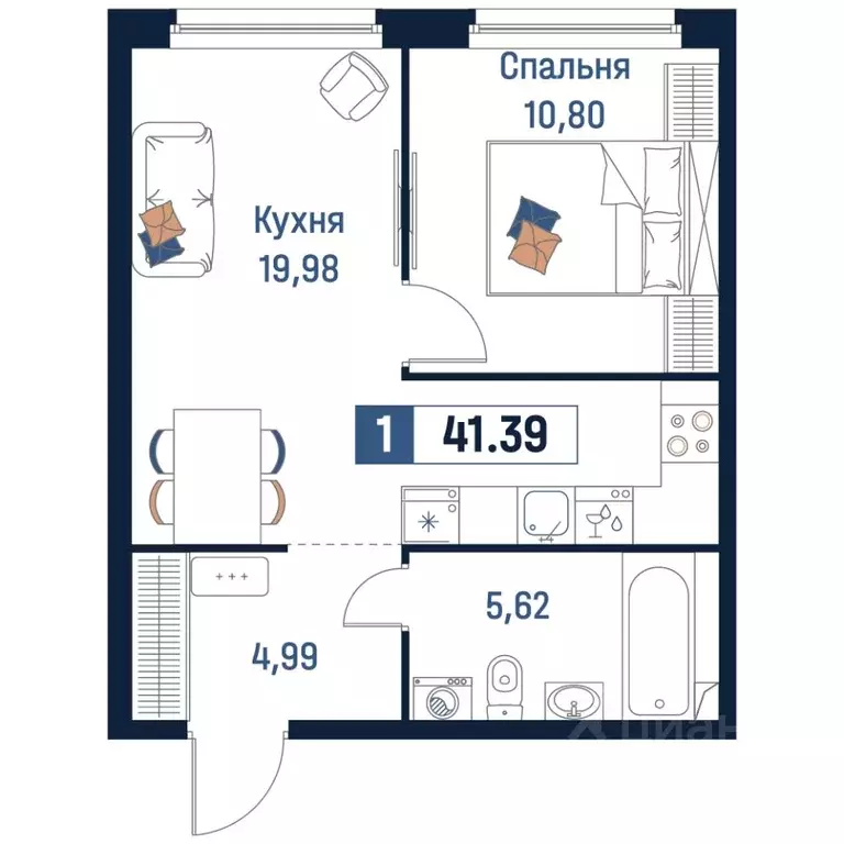 1-к кв. Ленинградская область, Мурино Всеволожский район,  (41.39 м) - Фото 0