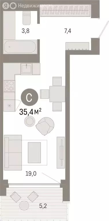 Квартира-студия: Тюмень, микрорайон ДОК, ЖК Октябрьский на Туре (35.39 ... - Фото 1