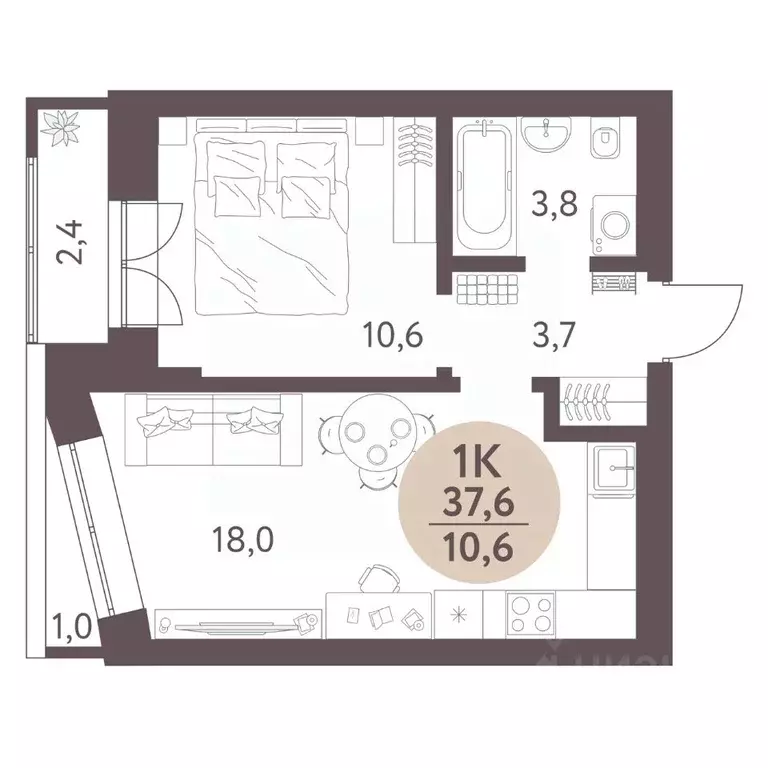 1-к кв. Новосибирская область, Новосибирск  (37.6 м) - Фото 0