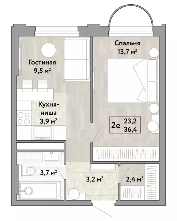 1-к квартира, 36.4 м - Фото 0