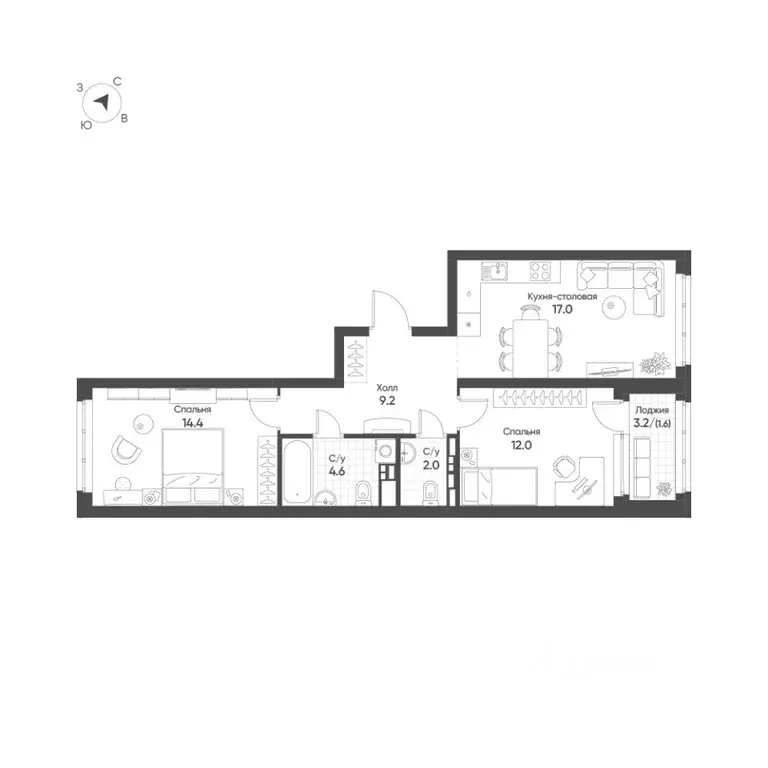 2-к кв. Свердловская область, Екатеринбург Солнечный жилрайон,  (60.8 ... - Фото 1