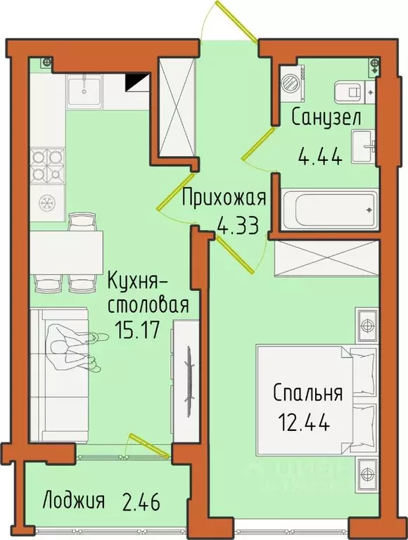 1-к кв. Калининградская область, Светлогорск пос. Отрадное,  (38.84 м) - Фото 0
