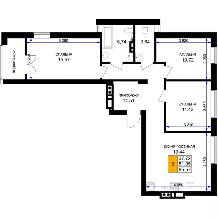 3-к кв. Калининградская область, Гурьевск Включи жилой комплекс (85.57 ... - Фото 1