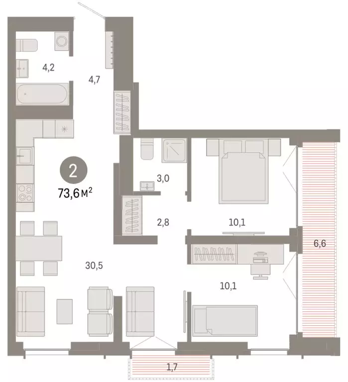 2-комнатная квартира: Новосибирск, Большевистская улица, 66 (73.58 м) - Фото 2