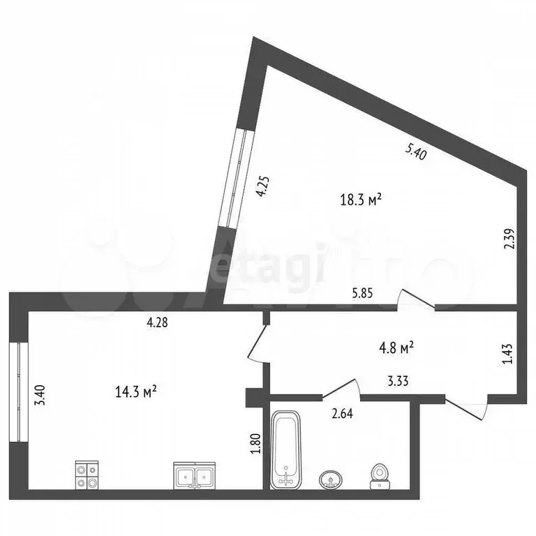 1-к. квартира, 44,1 м, 2/2 эт. - Фото 0
