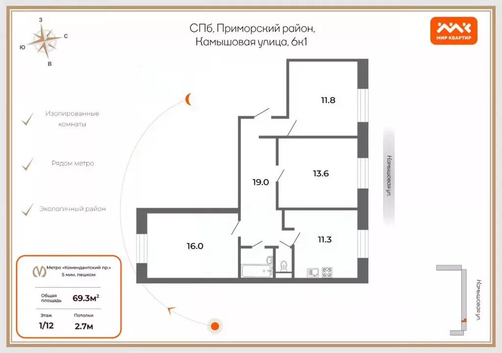3-к кв. Санкт-Петербург Камышовая ул., 6К1 (69.3 м) - Фото 2