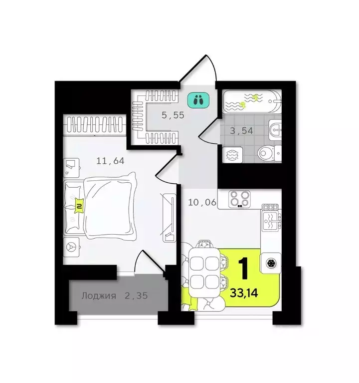 1-к кв. Тюменская область, Тюмень  (33.14 м) - Фото 1