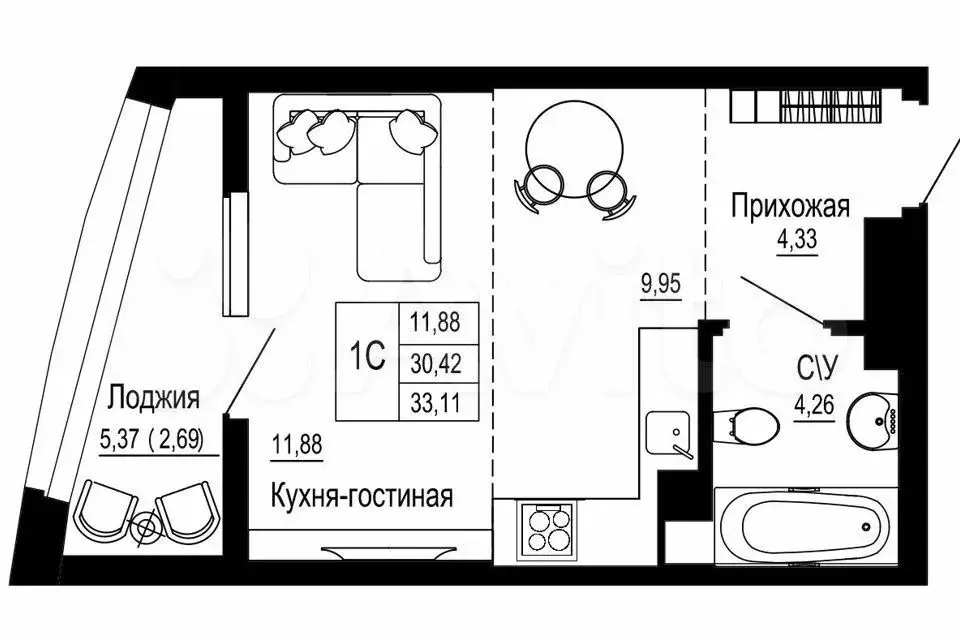 Квартира-студия, 34 м, 7/26 эт. - Фото 0