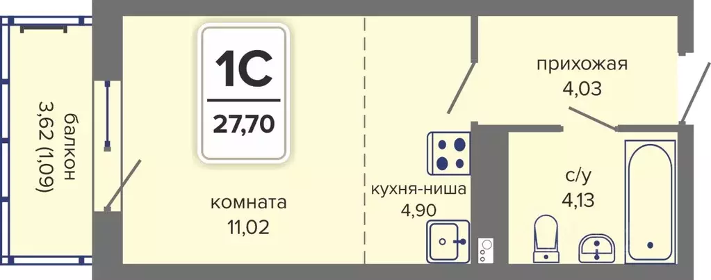 Студия Пермский край, Пермь Гайва мкр,  (27.7 м) - Фото 1