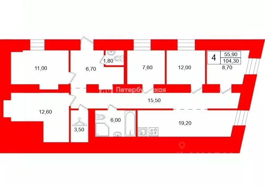 4-к кв. Санкт-Петербург просп. Бакунина, 29 (104.3 м) - Фото 2