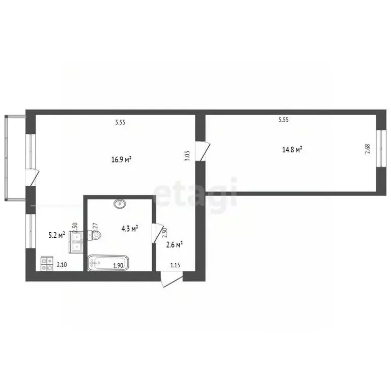 2-к кв. Тюменская область, Тюмень ул. Грибоедова, 8 (45.5 м) - Фото 1