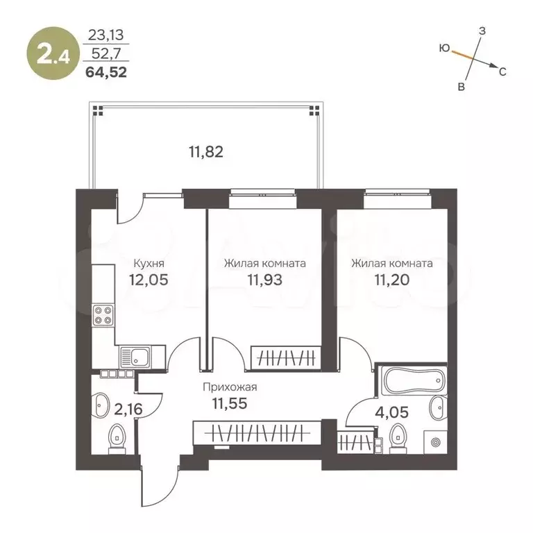 2-к. квартира, 56,4 м, 1/4 эт. - Фото 0