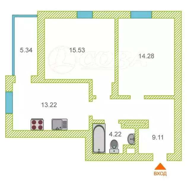 2-комнатная квартира: Тюмень, улица Монтажников, 61 (55.5 м) - Фото 1