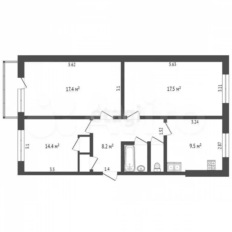 3-к. квартира, 68 м, 2/5 эт. - Фото 0