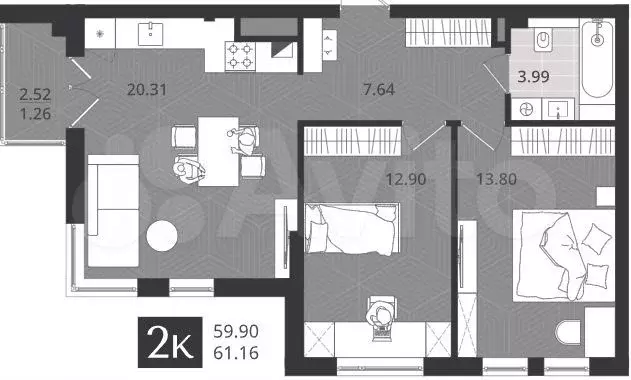 2-к. квартира, 60 м, 1/4 эт. - Фото 1