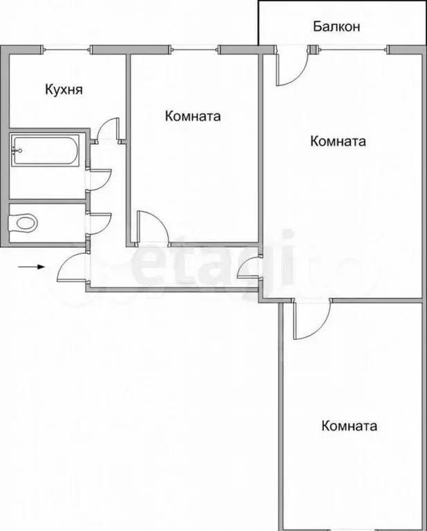 3-к. квартира, 59,6 м, 2/5 эт. - Фото 0
