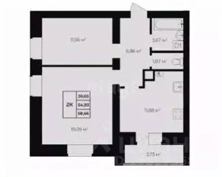 2-к кв. Тверская область, Тверь Южный мкр, Южный-Г мкр,  (58.66 м) - Фото 2