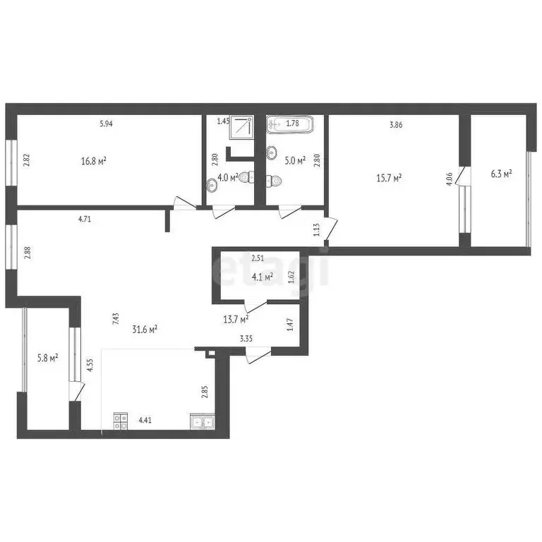 2-комнатная квартира: Тюмень, улица Пожарных и Спасателей, 5 (90.9 м) - Фото 1