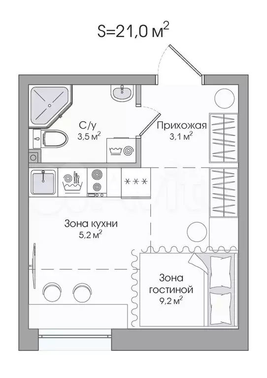 1-к. квартира, 21 м, 2/4 эт. - Фото 0