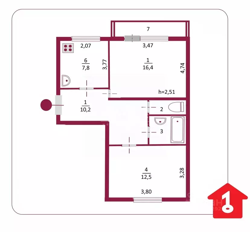 2-к кв. Омская область, Омск Мельничная ул., 89к2 (50.8 м) - Фото 1