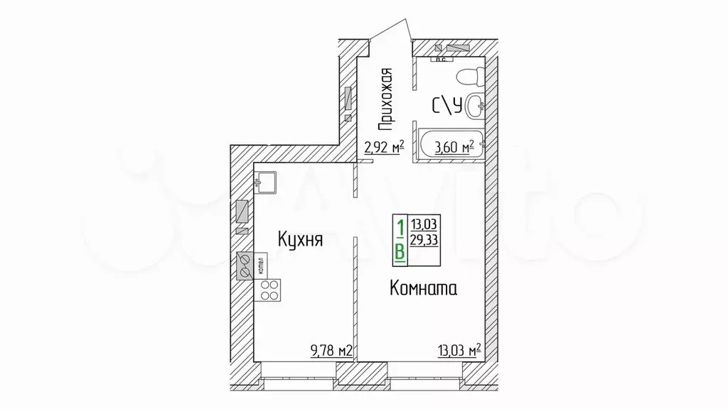 1-к. квартира, 29,3 м, 6/6 эт. - Фото 1