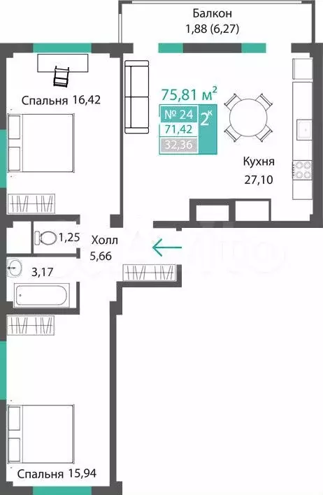 2-к. квартира, 71,4 м, 5/9 эт. - Фото 0