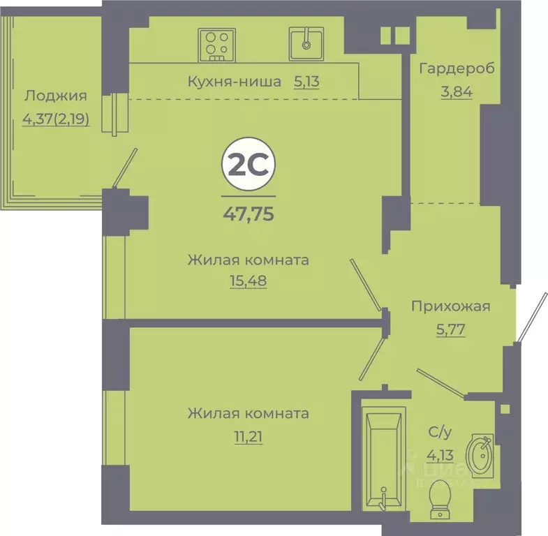 2-к кв. Ростовская область, Ростов-на-Дону ул. Жданова, 31 (47.09 м) - Фото 1