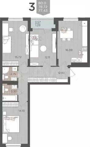 3-к. квартира, 78,7 м, 2/9 эт. - Фото 1
