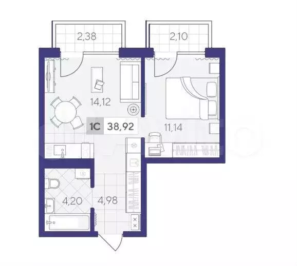 1-к. квартира, 38,9 м, 4/4 эт. - Фото 1