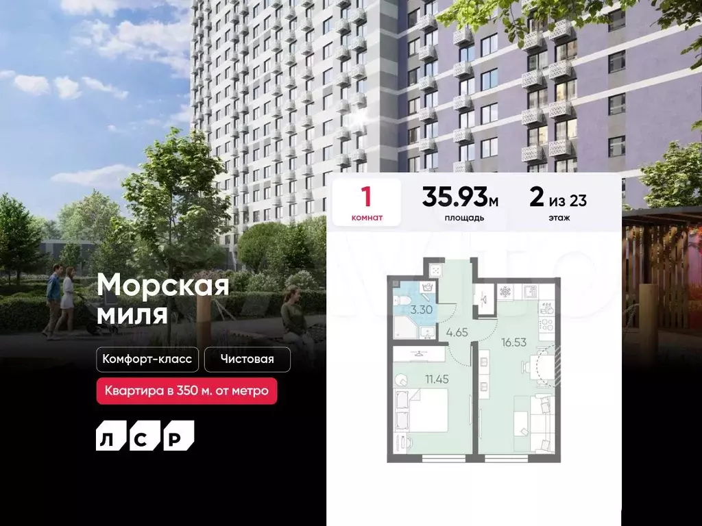 1-к. квартира, 35,9 м, 2/23 эт. - Фото 0