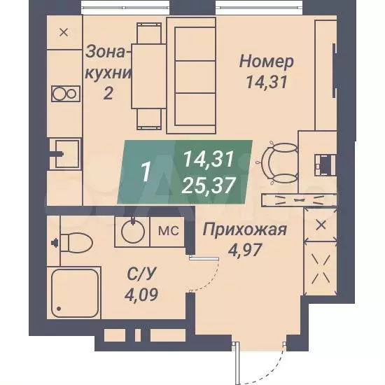 Апартаменты-студия, 25,4 м, 4/23 эт. - Фото 0