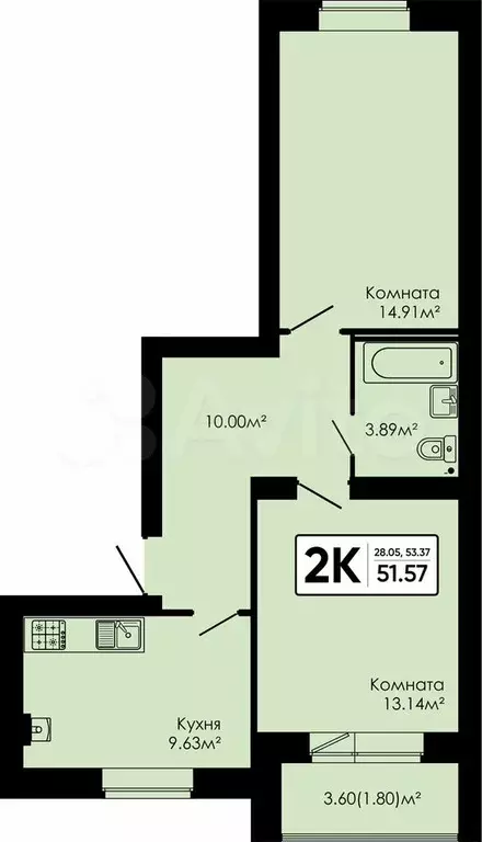 2-к. квартира, 51,6 м, 1/4 эт. - Фото 0