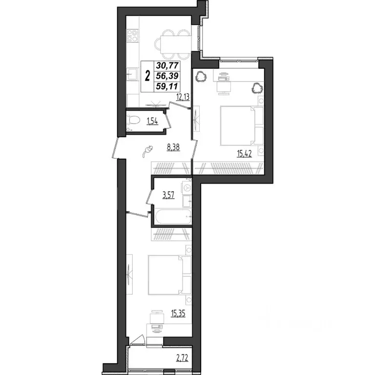 2-к кв. Мордовия, Саранск Химмаш жилрайон, 4-й мкр,  (59.11 м) - Фото 1