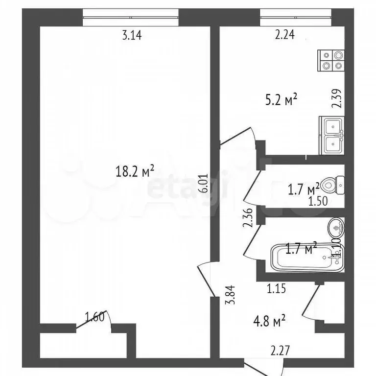 1-к. квартира, 32,1 м, 8/9 эт. - Фото 0