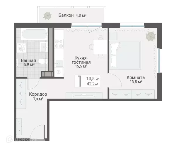 Продаётся 1-к квартира, 42.2 м - Фото 0