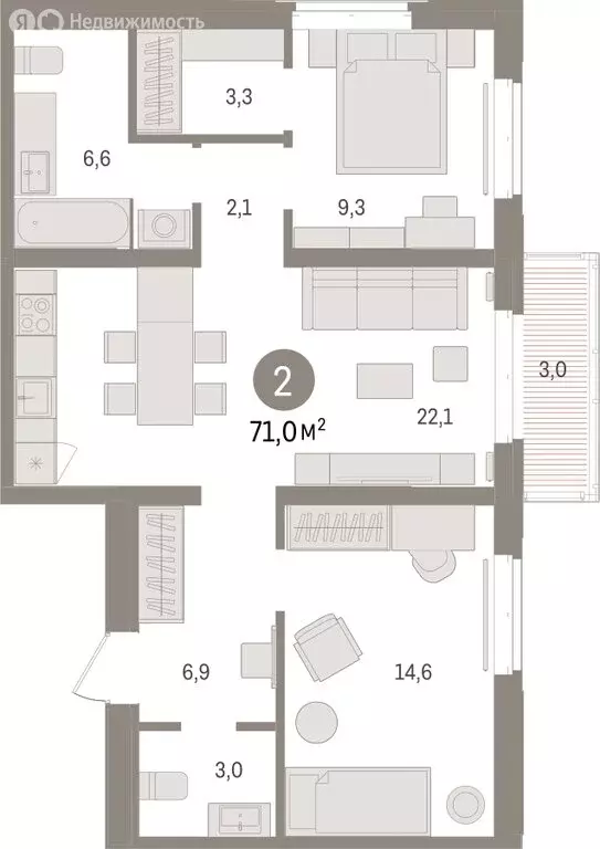 2-комнатная квартира: Тюмень, жилой комплекс На Минской (70.95 м) - Фото 1