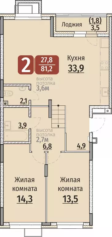 2-к квартира, 81.2 м - Фото 0