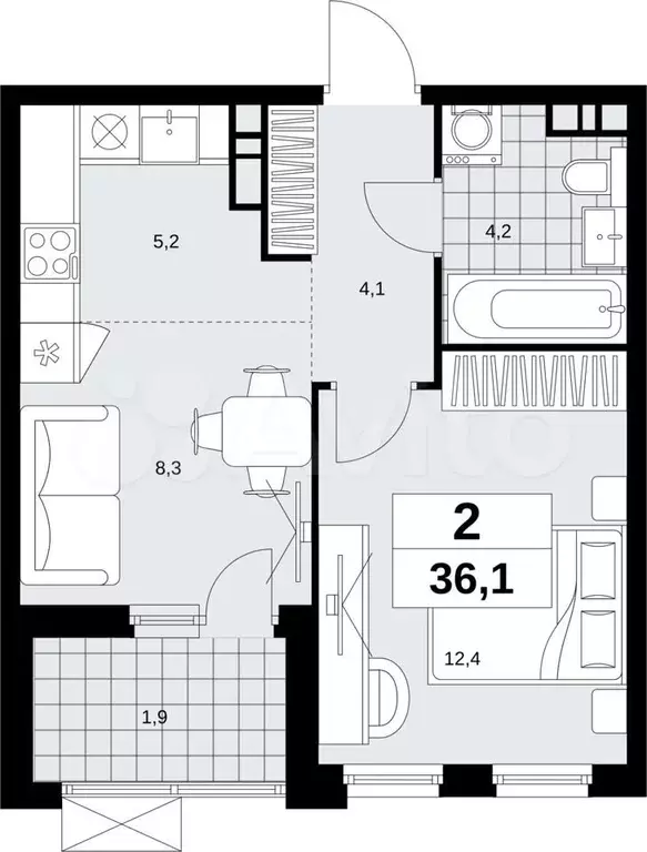 2-к. квартира, 36,1м, 13/18эт. - Фото 1