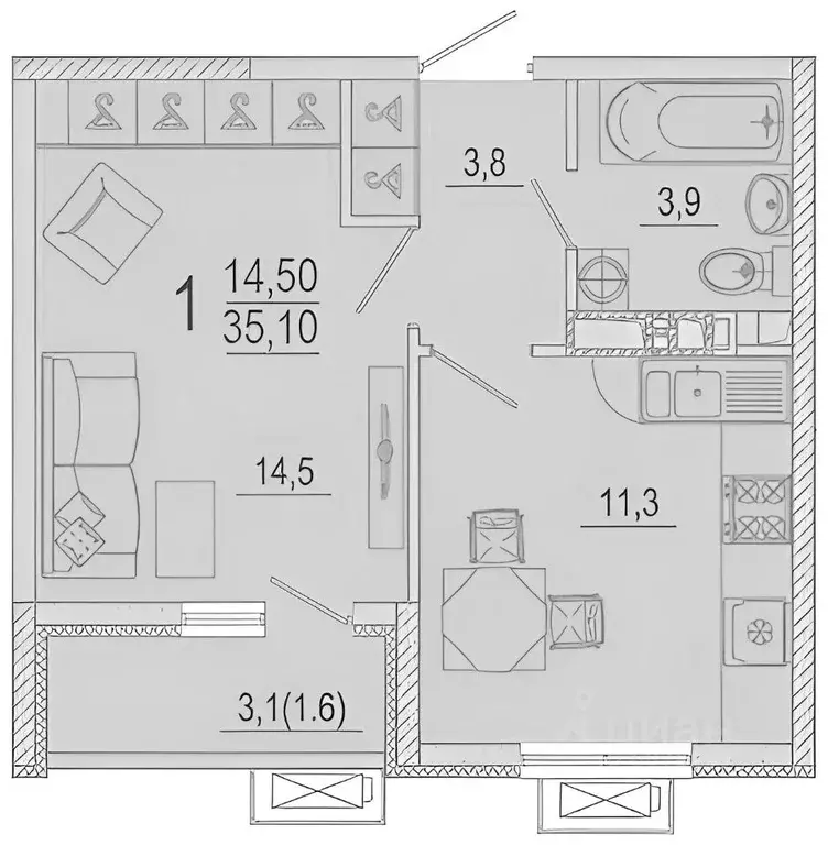 1-к кв. Краснодарский край, Краснодар ул. Даниила Смоляна, 65 (36.0 м) - Фото 1