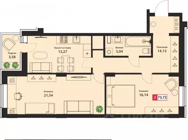 2-к кв. Тверская область, Тверь Брусилово мкр,  (73.72 м) - Фото 1