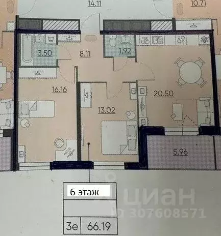 2-к кв. Санкт-Петербург наб. Миклухо-Маклая, 1к1 (66.19 м) - Фото 0