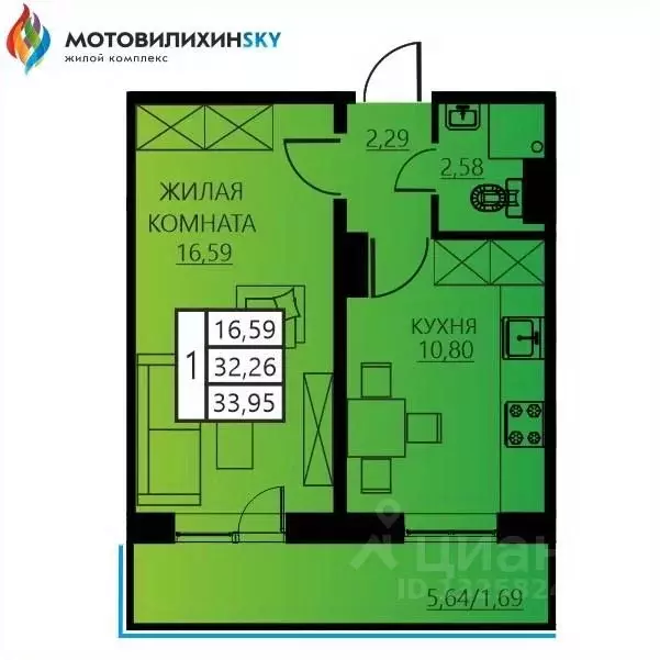 1-к кв. Пермский край, Пермь ул. Гашкова, 53к3 (33.95 м) - Фото 0